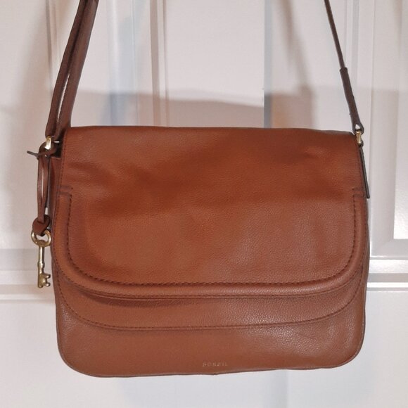 Fossil Handbags - Fossil Peyton Double Flap Crossbody Bag Tan Brown Leather